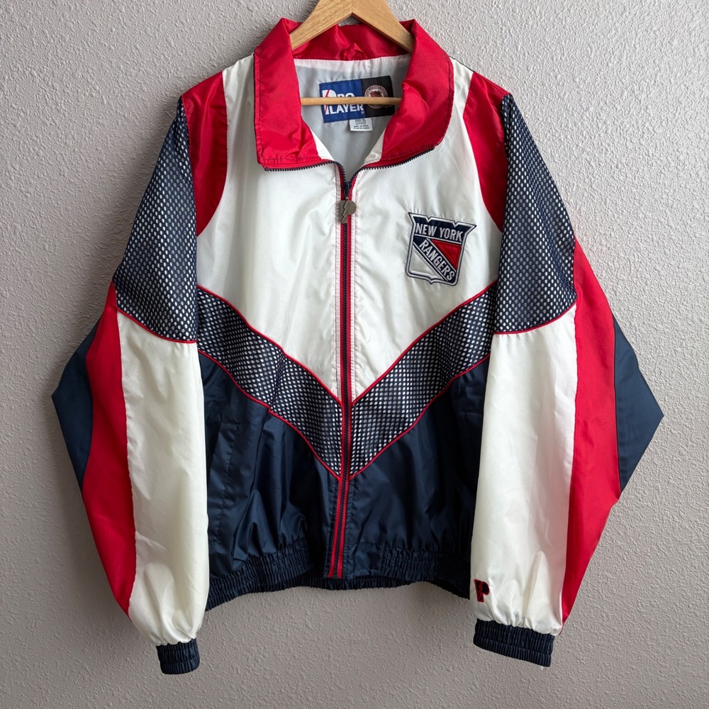 Vintage 90's New York Rangers Pro Player White Navy Red Windbreaker Jacket XL